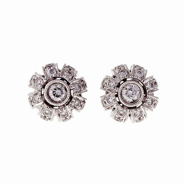 Estate Domed Diamond Earrings Crown Design 18k White Gold