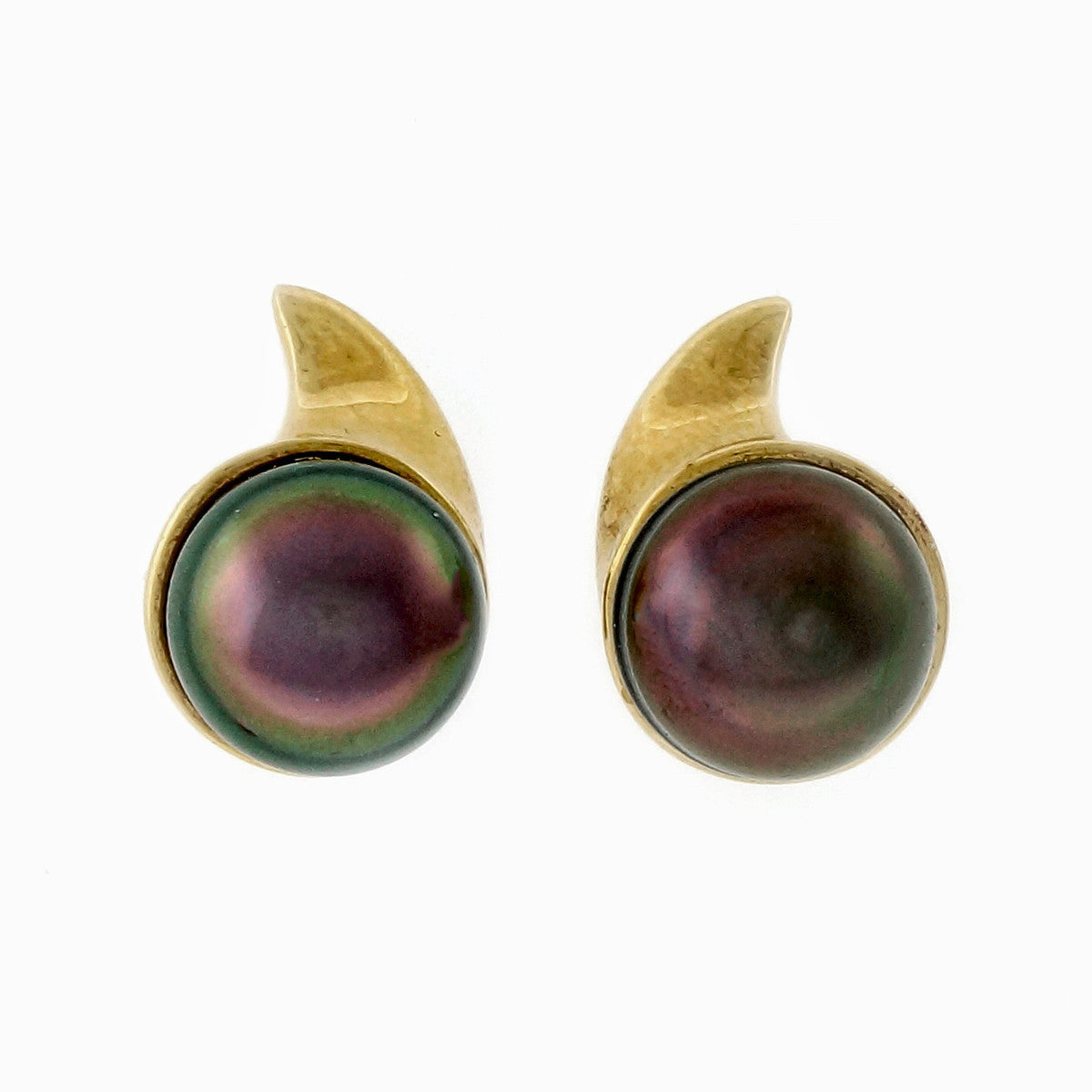 Estate 9.3mm Black South Sea Pearl Swirl 18k Yellow Gold Earrings