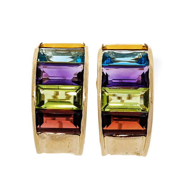 Emerald Cut 15.00ct Multicolor Semi Precious 14k Yellow Gold Hoop Earrings
