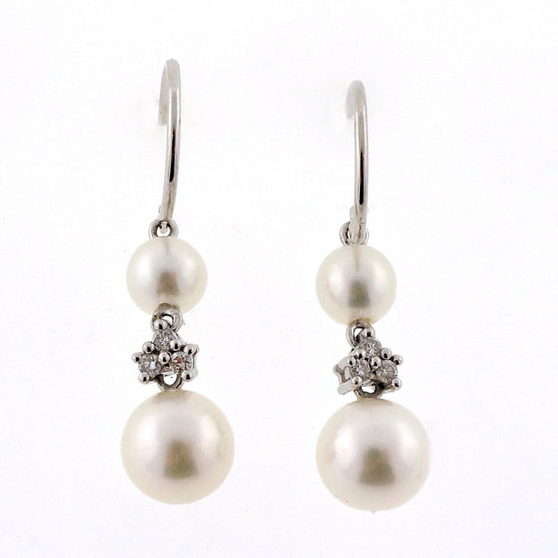 .10 Carat Diamond Japanese Cultured Pearl  White Gold Dangle Earrings