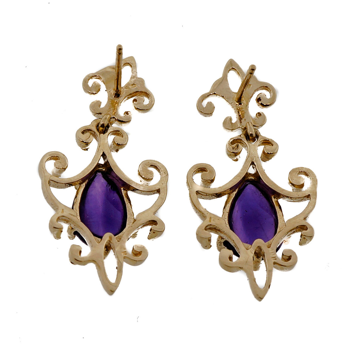 Vintage 1940 14k Yellow Gold 3.30ct Cabochon Pear Amethyst Dangle Earrings – image 5