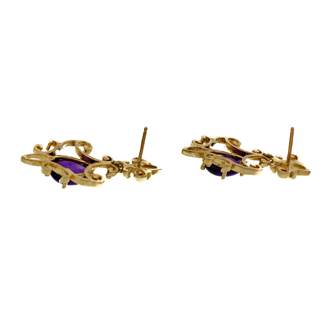 Vintage 1940 14k Yellow Gold 3.30ct Cabochon Pear Amethyst Dangle Earrings – image 6