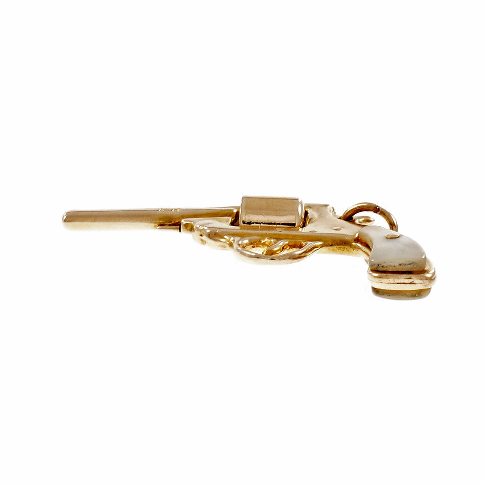 Estate Pearl Handled Revolver Charm Pendant 14k Yellow Gold – image 3