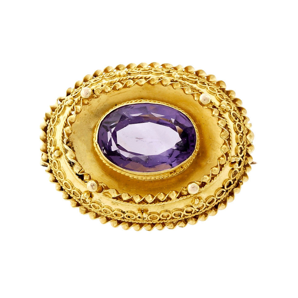Vintage Oval Amethyst Pin Hand Made 14k Yellow Gold