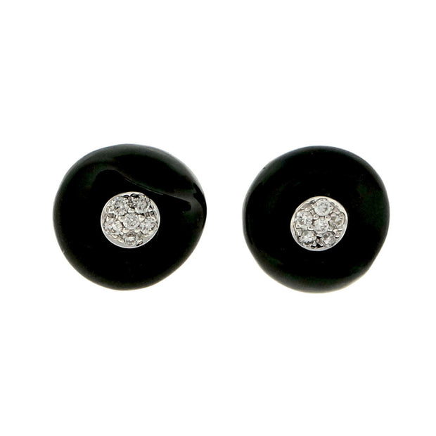 Estate Carved Black Onyx Diamond Pave Flower Earrings 14k White Gold