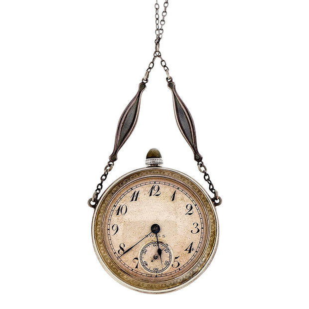 Vintage Estate Tvannes Silver Rare Grey Green 17 Jewel Pendant Watch 1900