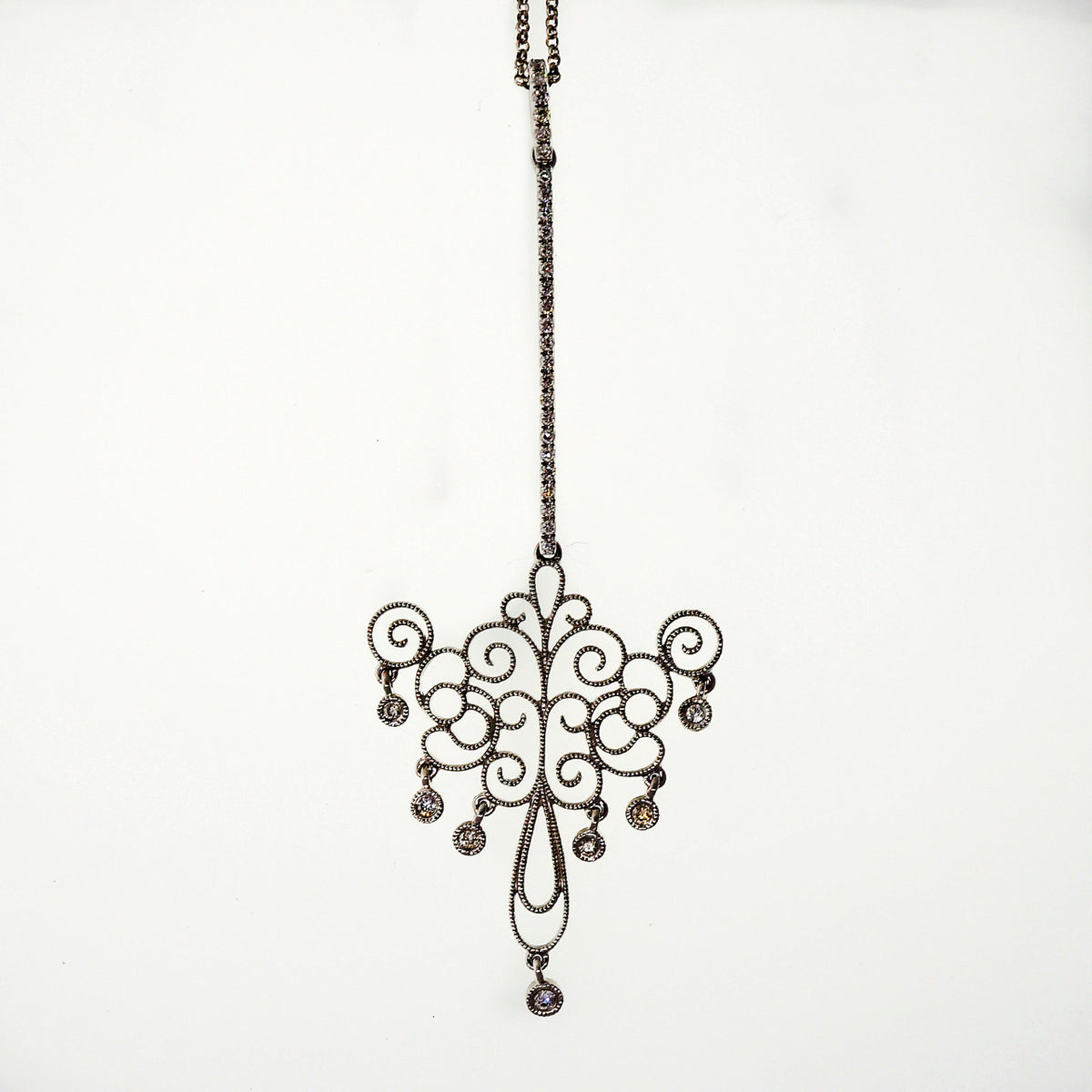 Art Deco .25ct Pave Diamond Elongated Dangle 14k White Gold Pendant Necklace