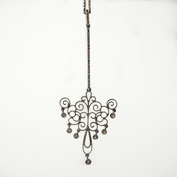 Art Deco .25ct Pave Diamond Elongated Dangle 14k White Gold Pendant Necklace