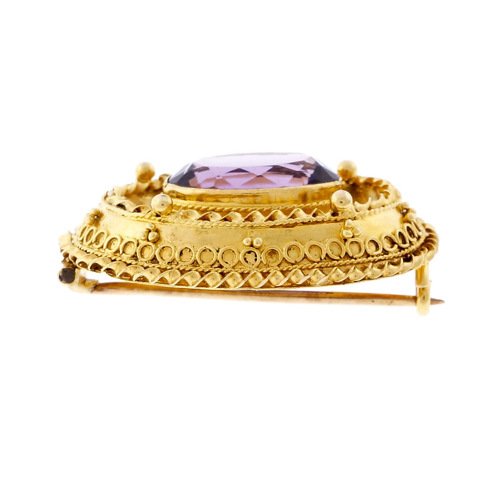 Vintage Oval Amethyst Pin Hand Made 14k Yellow Gold – image 3