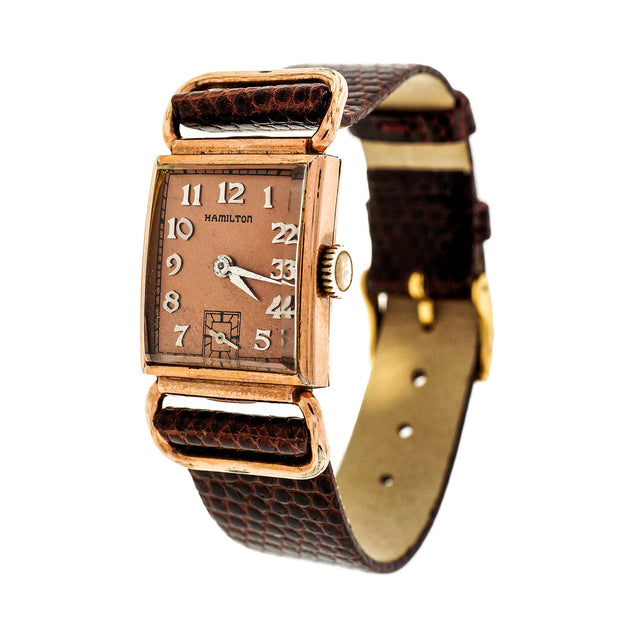 Art Deco 1940 Pink Gold Filled Hamilton Wrist Watch Fancy Lugs Strap Watch