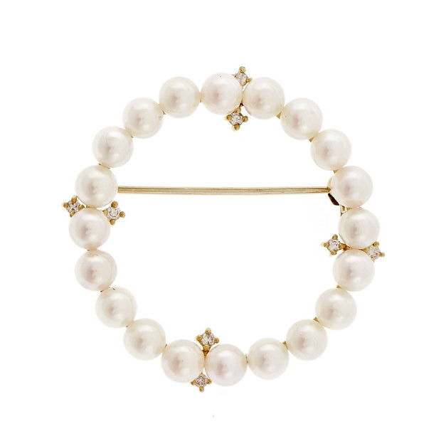 Estate Classic Cultured Pearl Circle Pin 18k Yellow Gold Diamond Accents