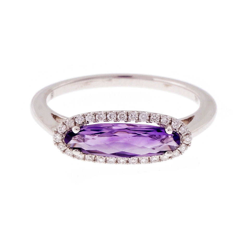 Across The Finger Amethyst Ring Diamond Halo 14k White Gold