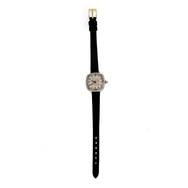 Vintage 1925 Ladies Gruen White Gold Filled Black Satin Band