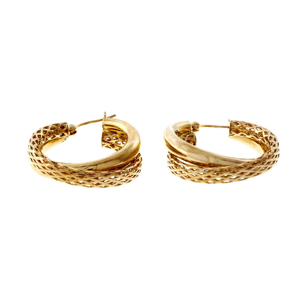 Estate Two Row Round 18k Yellow Gold Hoop Earrings Braided Plain
