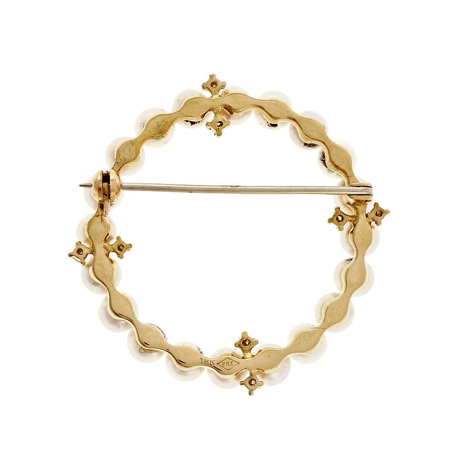 Estate Classic Cultured Pearl Circle Pin 18k Yellow Gold Diamond Accents – image 2