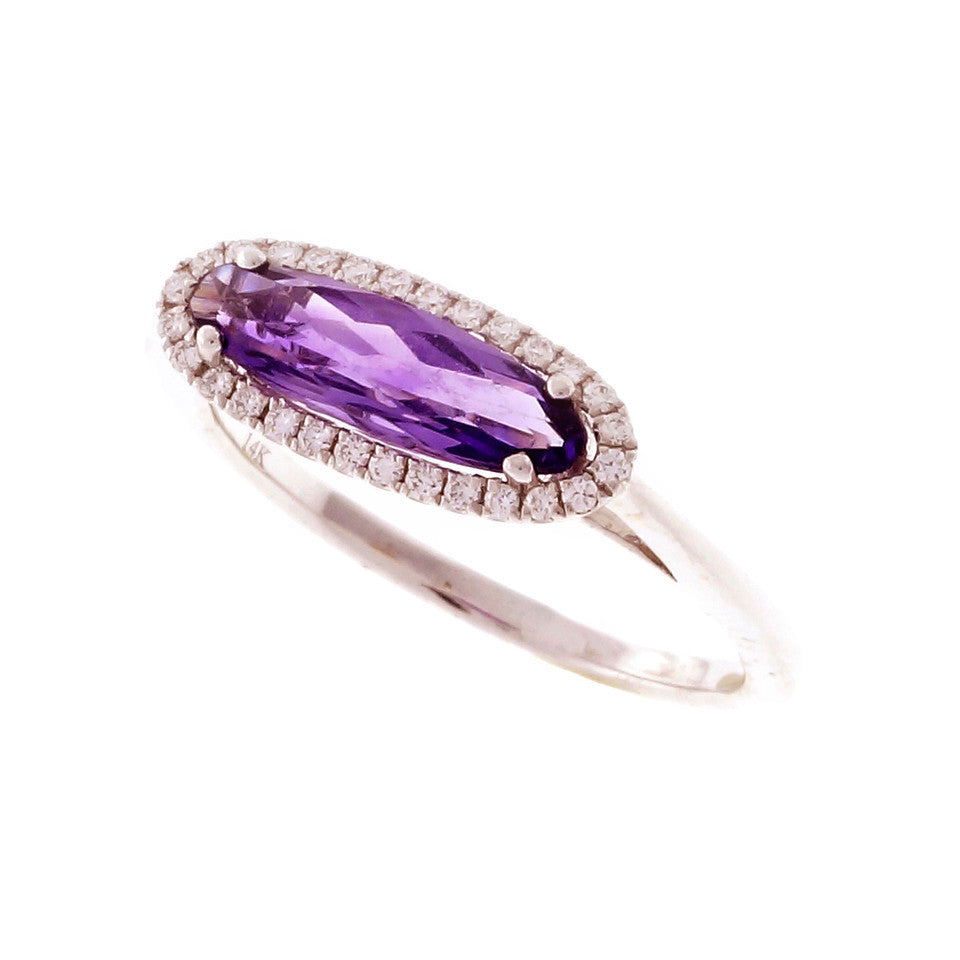 Across The Finger Amethyst Ring Diamond Halo 14k White Gold – image 2