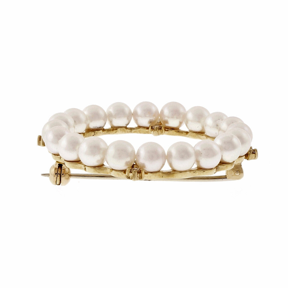 Estate Classic Cultured Pearl Circle Pin 18k Yellow Gold Diamond Accents – image 3
