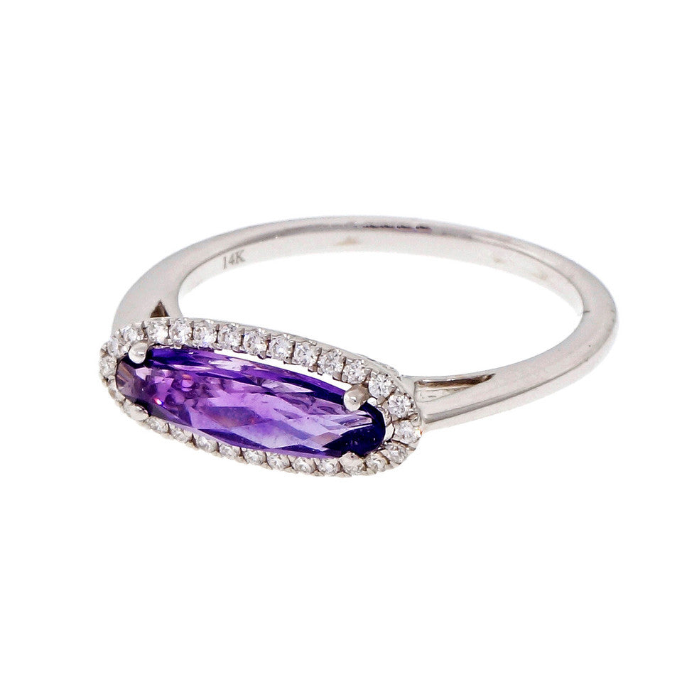 Across The Finger Amethyst Ring Diamond Halo 14k White Gold – image 3