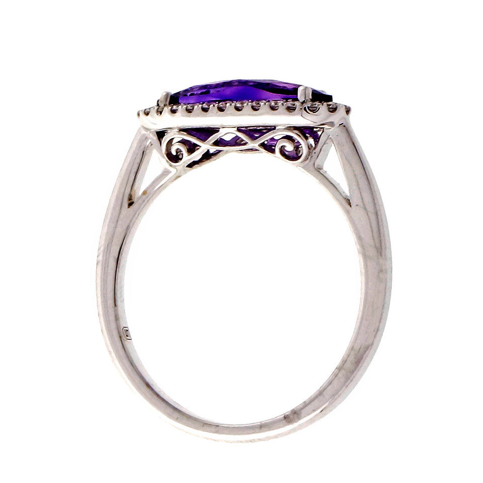 Across The Finger Amethyst Ring Diamond Halo 14k White Gold – image 5