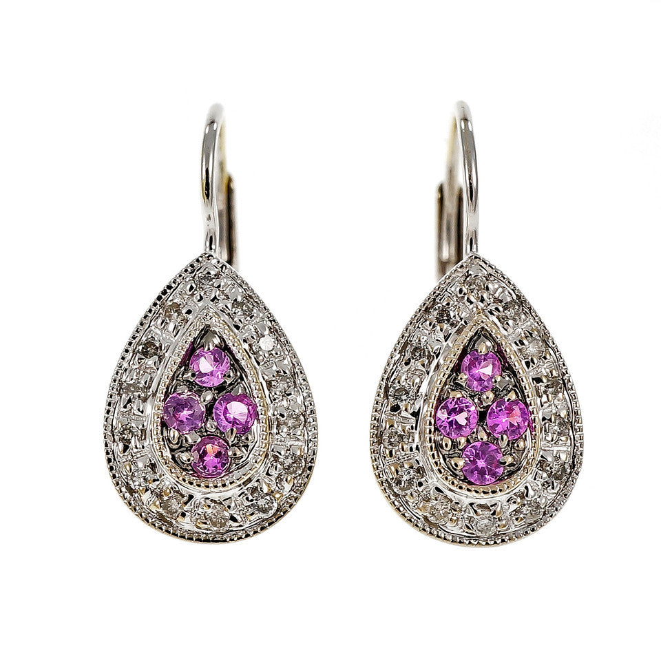 Estate Tear Drop Pink Sapphire Diamond Earrings 14k White Gold