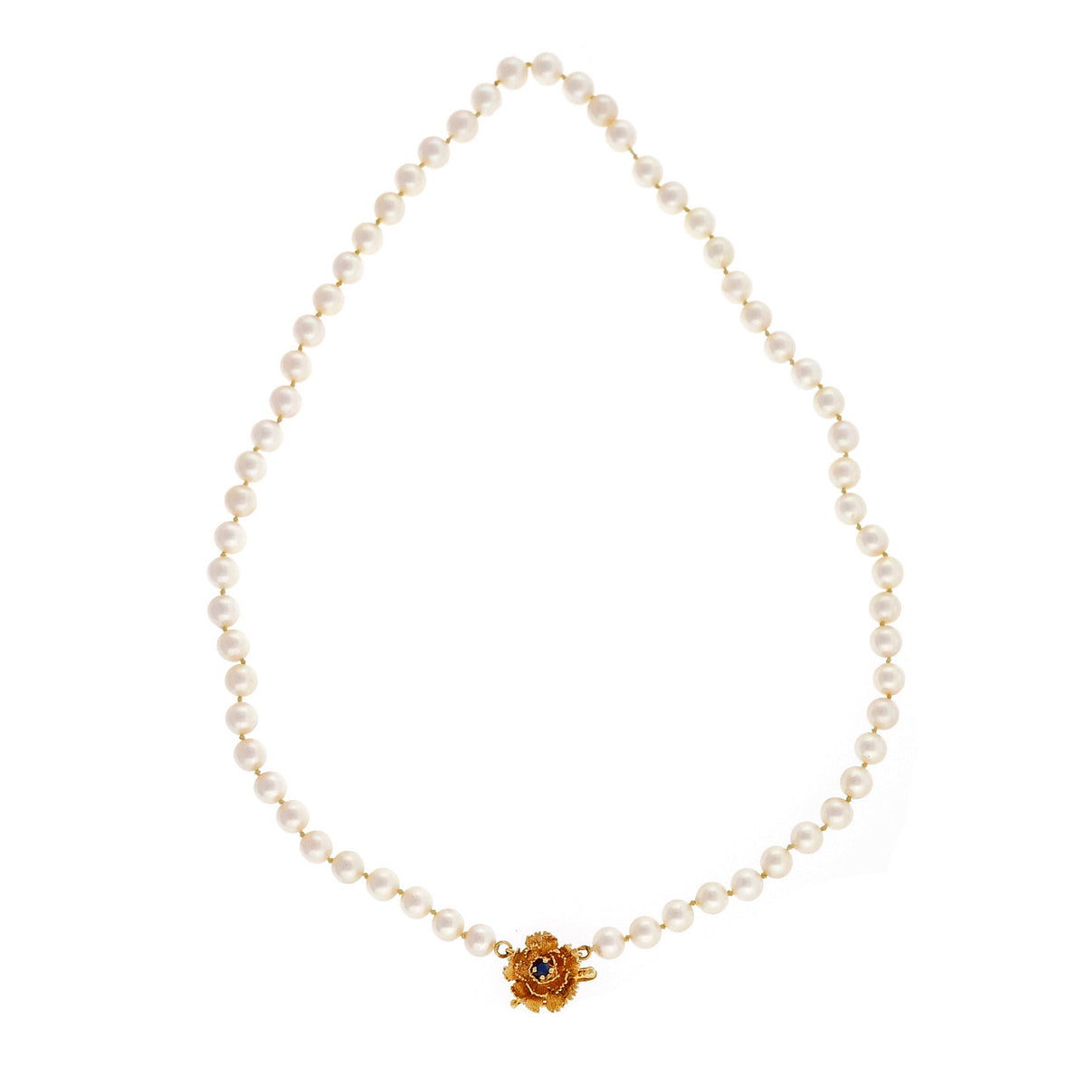 Vintage Cultured Akoya Pearl 6mm 17 Inch 14k Yellow Gold Flower Catch Necklace