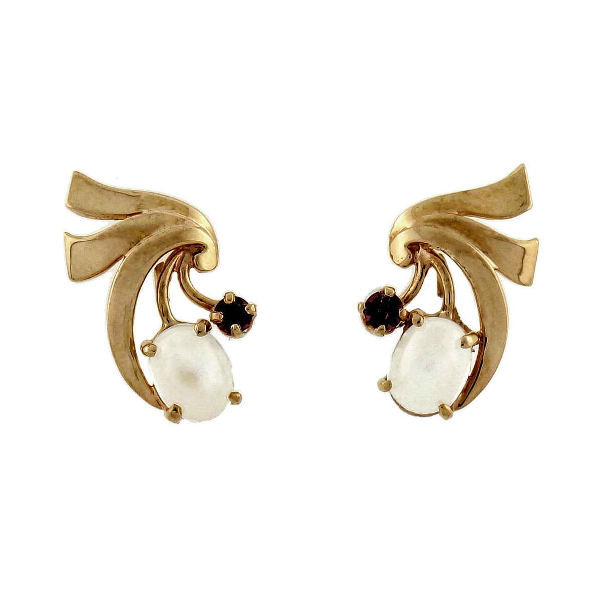 Vintage Retro Art Deco 14k Pink Green Gold Moonstone Ruby Earrings
