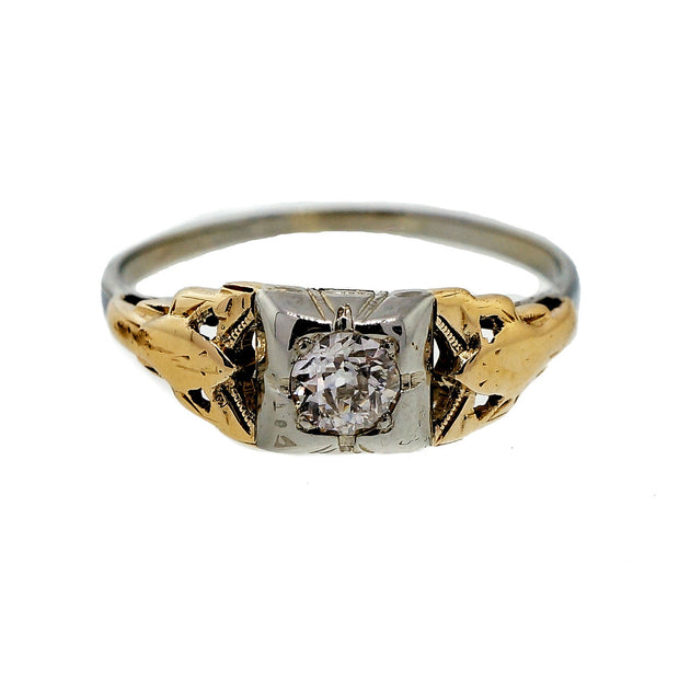 Vintage Old European Cut Diamond 0.18ct Engagement Ring 14k White & Yellow Gold