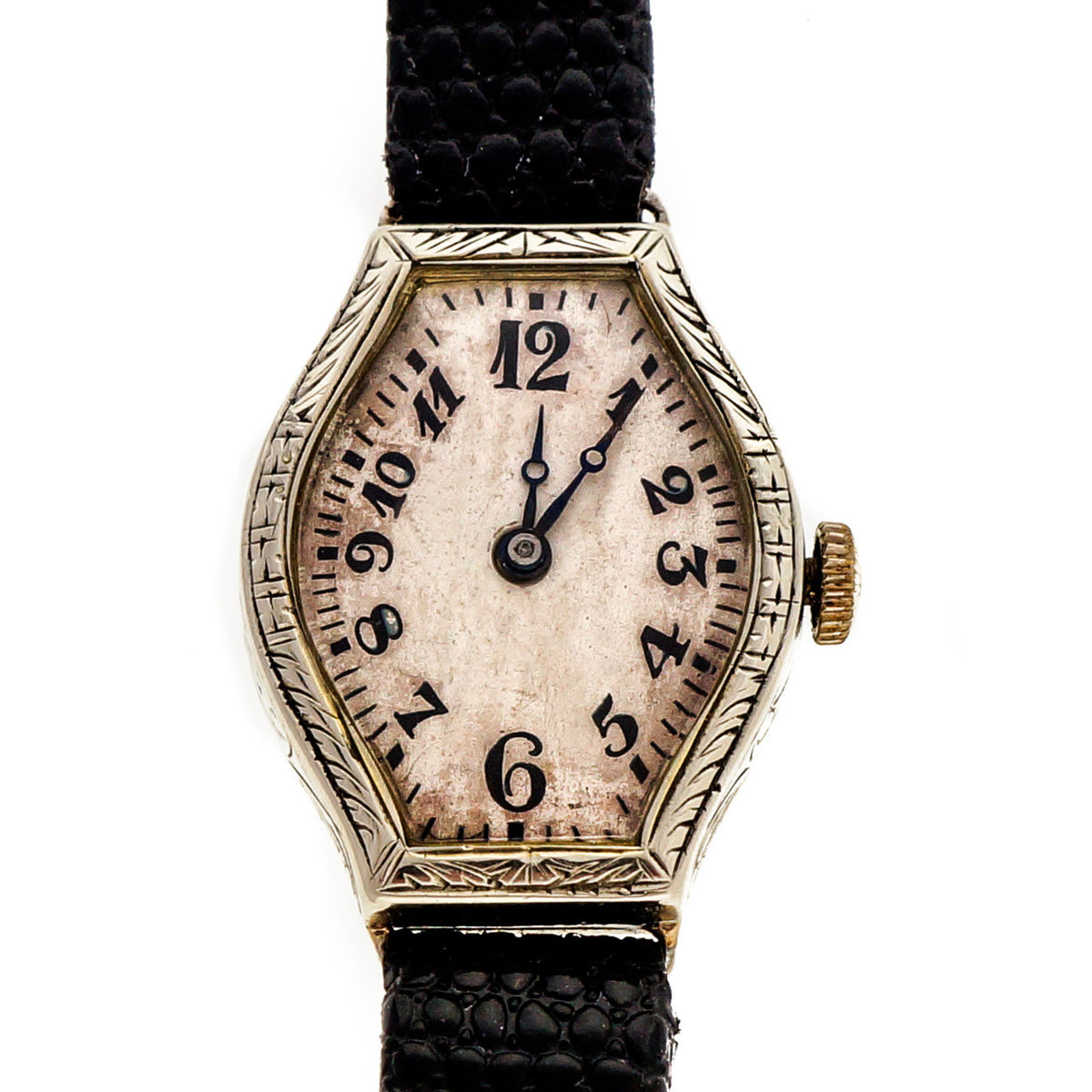 Art Deco Girod White Gold 1930 Wrist Watch Black Dial