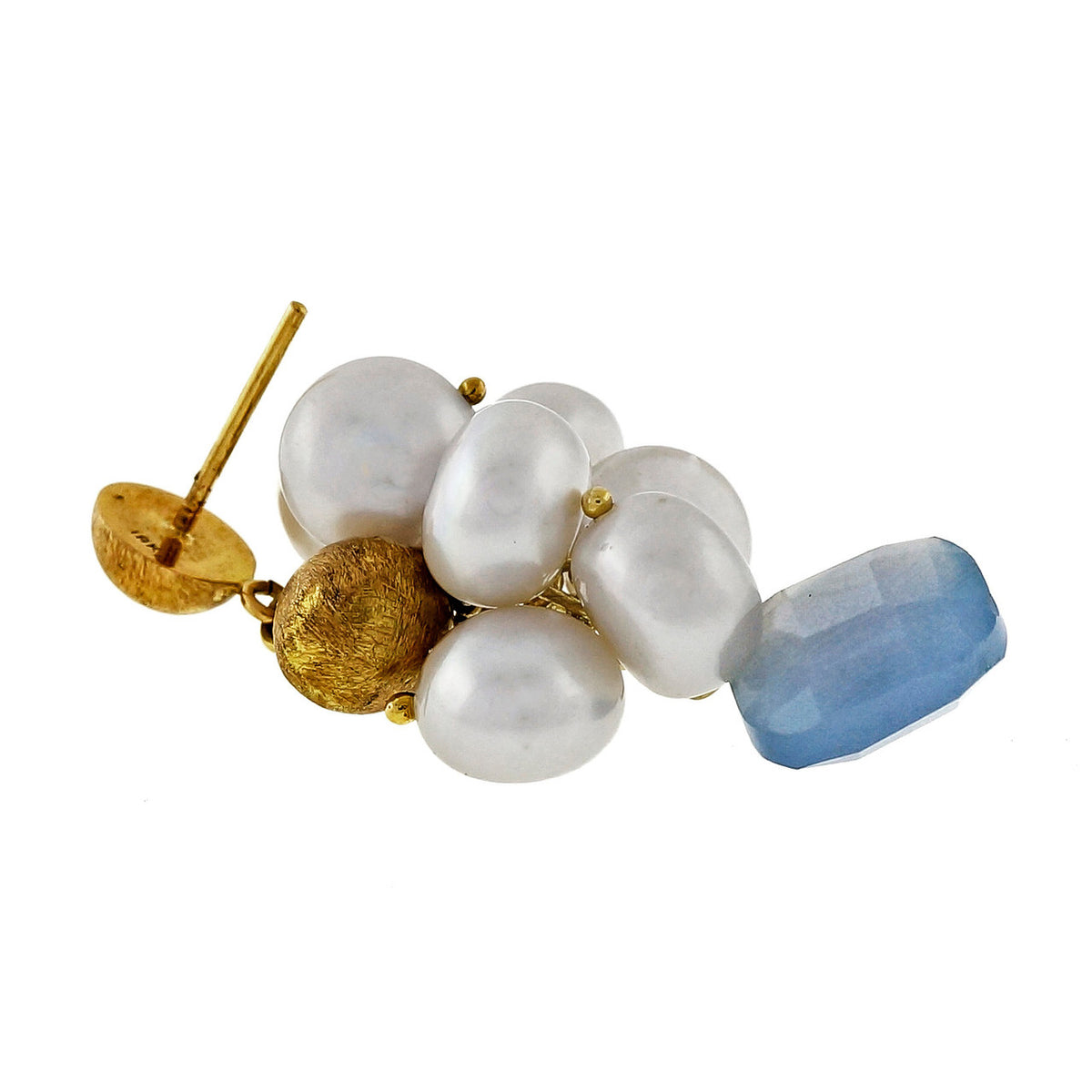 Vintage Textured 18k Yellow gold Freshwater Pearl Blue Calcedony Dangle Earrings – image 6