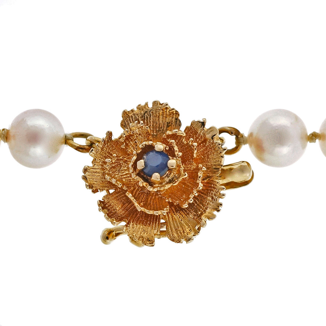 Vintage Cultured Akoya Pearl 6mm 17 Inch 14k Yellow Gold Flower Catch Necklace – image 3