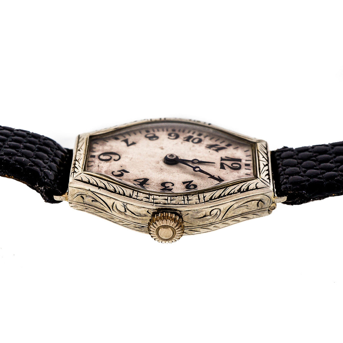 Art Deco Girod White Gold 1930 Wrist Watch Black Dial – image 4