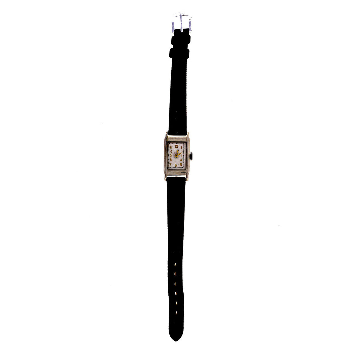 Art Deco 1932 Vintage Elgin 14k White Gold Black Satin Strap Watch – image 2