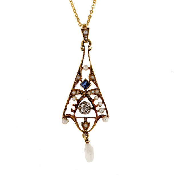 Antique Victorian Pearl Sapphire Diamond Lavaliere 14k Yellow Gold Pendant