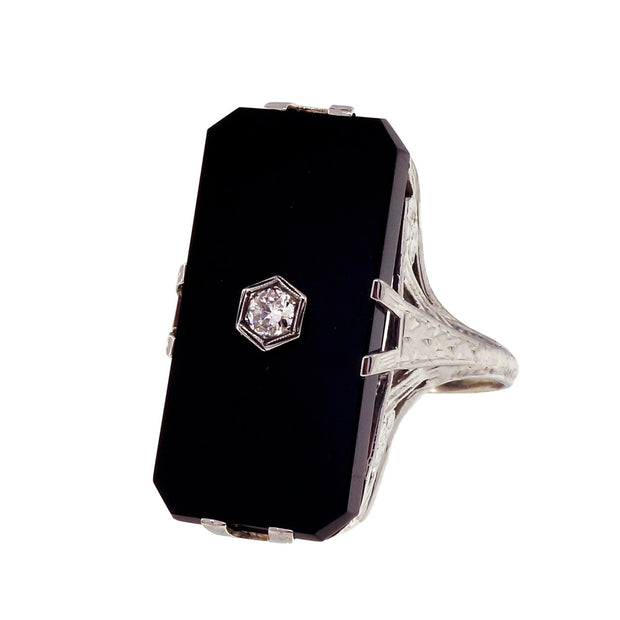 Vintage 1930 Filigree Black Onyx 18k White Gold Diamond Ring