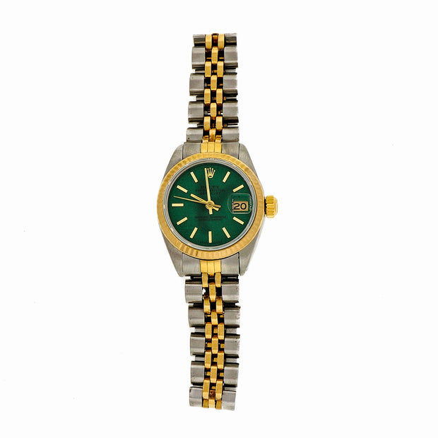 Ladies Rolex 18k Yellow Gold Steel 6917 Custom Bright Shiny Green Dial