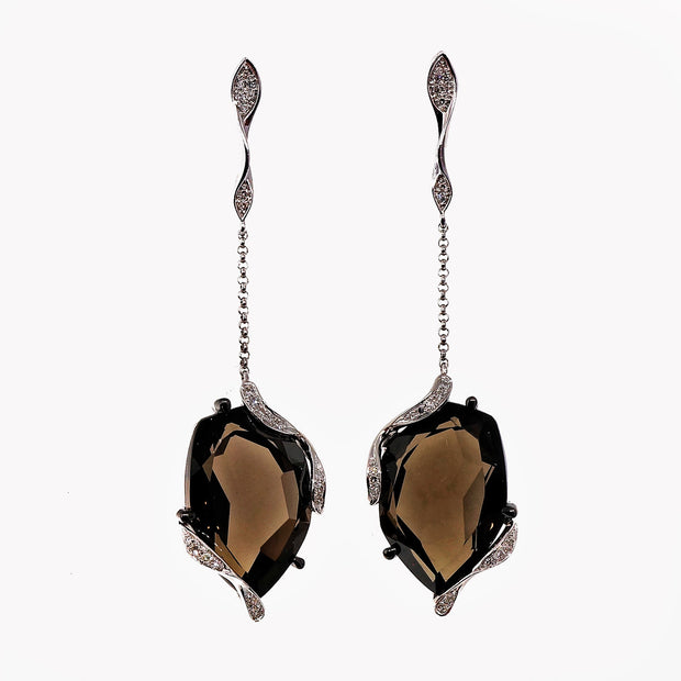 Vintage Fantasy Cut 9.00ct Smoky Quartz 14k White Gold Diamond Dangle Earrings