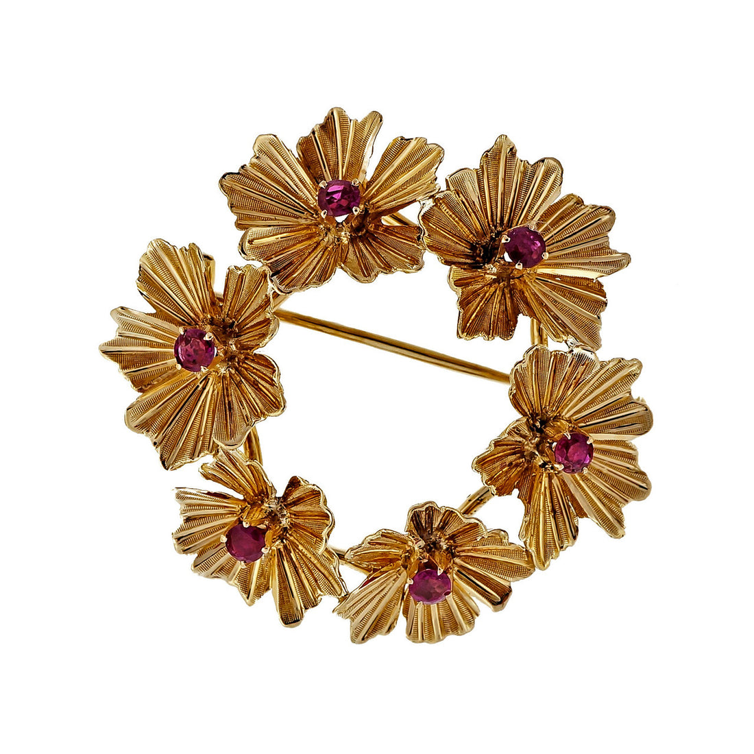 Vintage Estate 18k Yellow Gold Ruby Circle Flower Pin – image 4