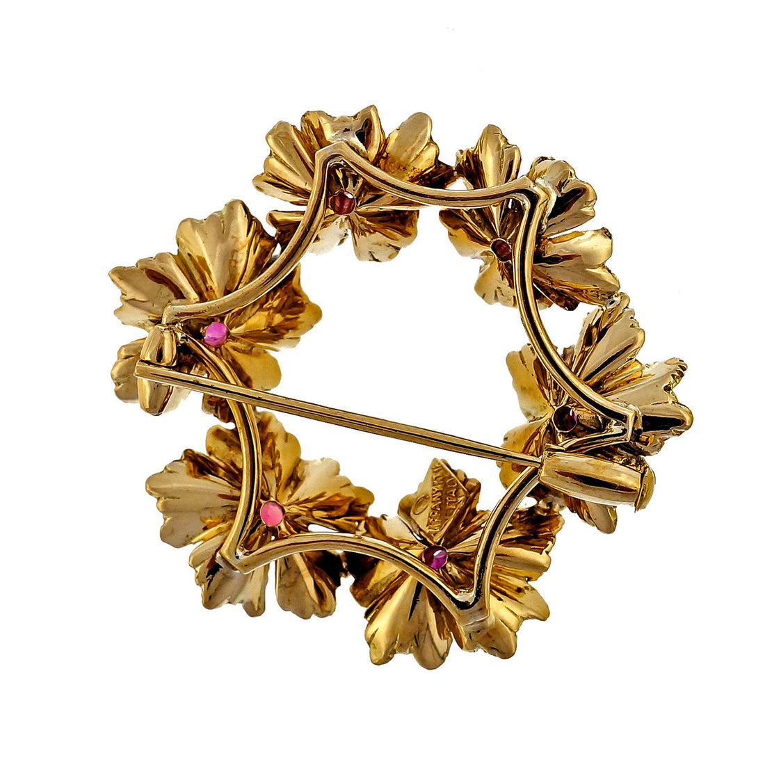 Vintage Estate 18k Yellow Gold Ruby Circle Flower Pin – image 2