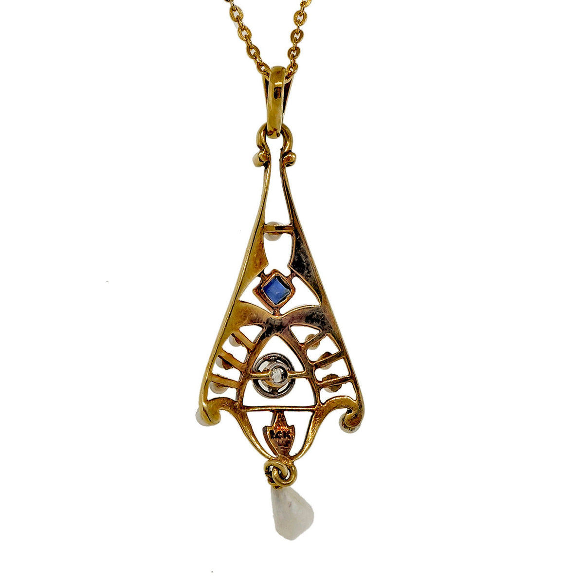 Antique Victorian Pearl Sapphire Diamond Lavaliere 14k Yellow Gold Pendant – image 6
