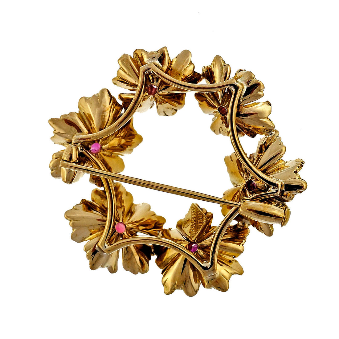 Vintage Estate 18k Yellow Gold Ruby Circle Flower Pin – image 5