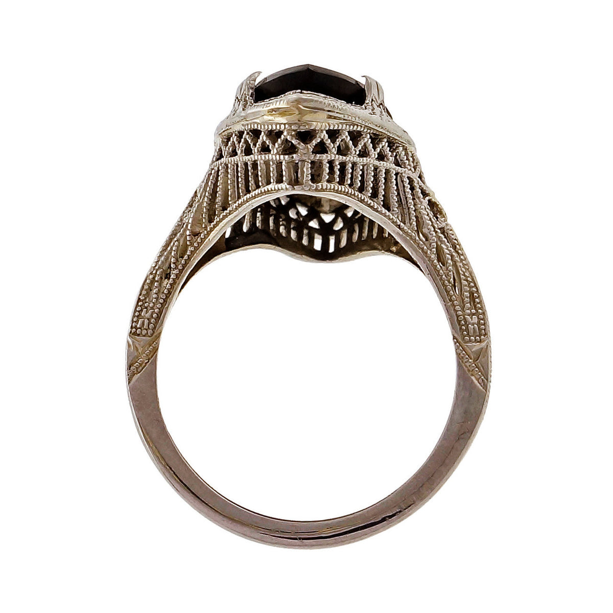 Vintage 1930 Werner 18k White Gold Onyx Filigree Diamond Ring – image 5