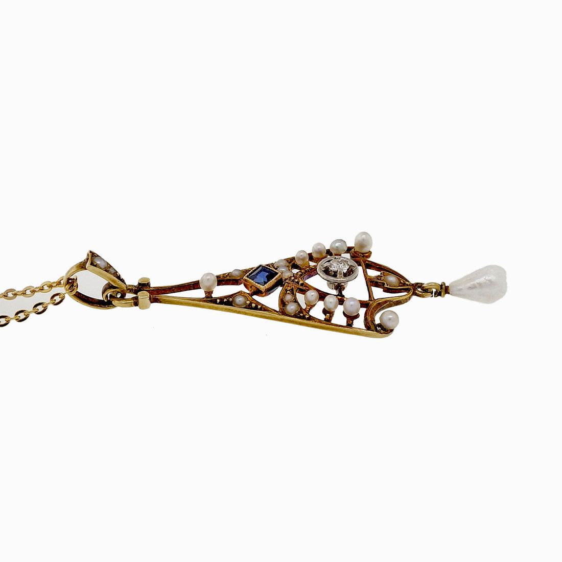 Antique Victorian Pearl Sapphire Diamond Lavaliere 14k Yellow Gold Pendant – image 3