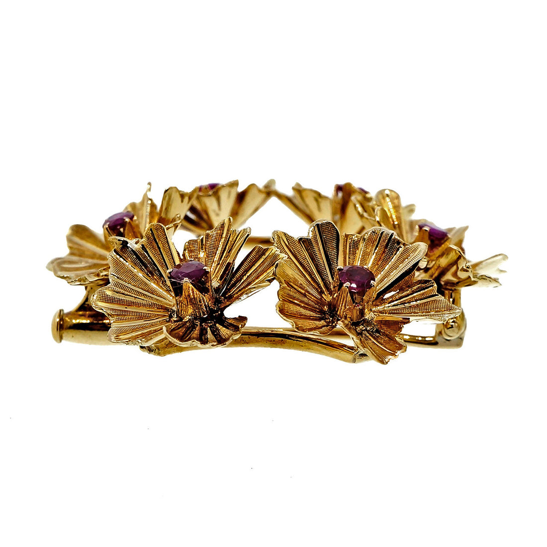 Vintage Estate 18k Yellow Gold Ruby Circle Flower Pin – image 6