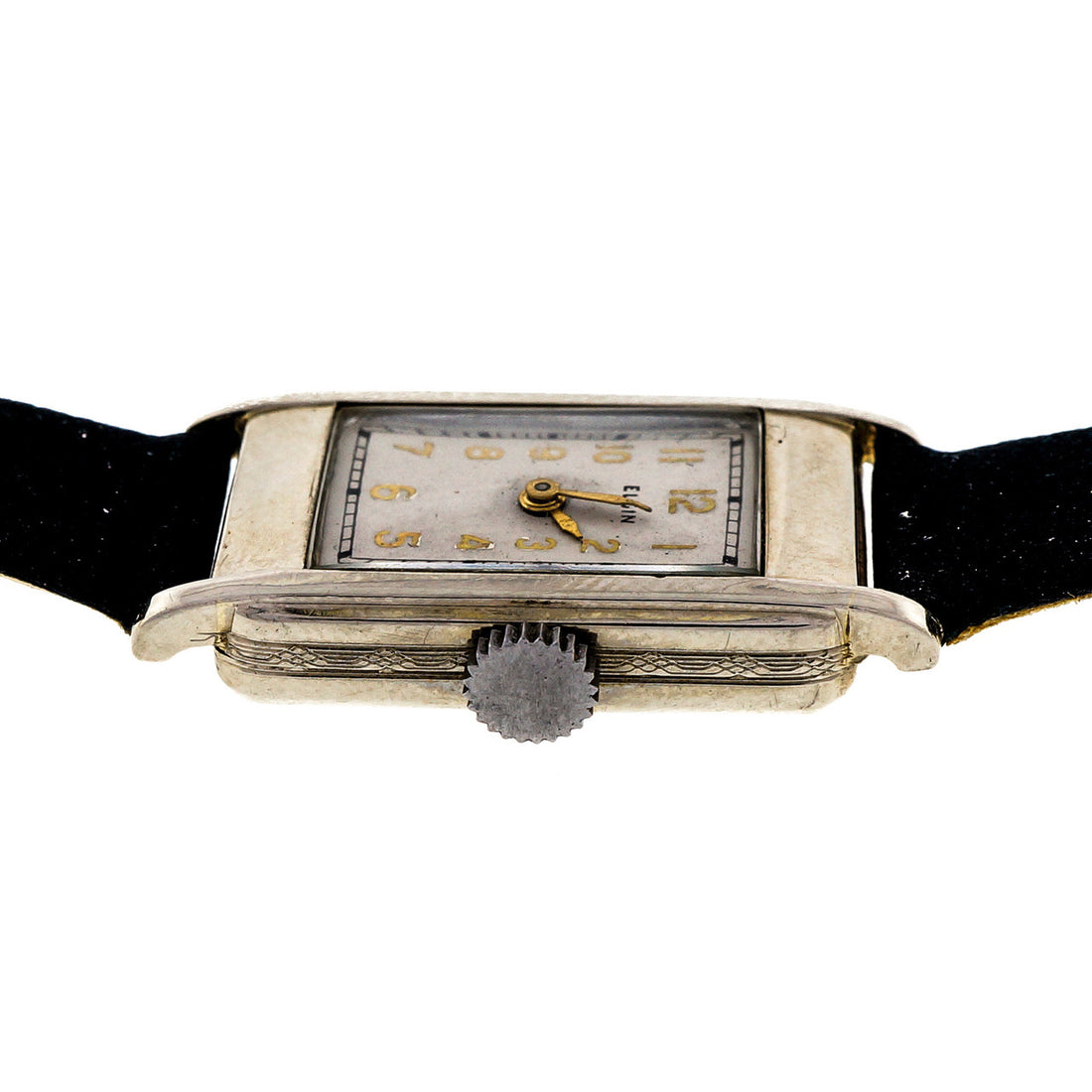 Art Deco 1932 Vintage Elgin 14k White Gold Black Satin Strap Watch – image 4