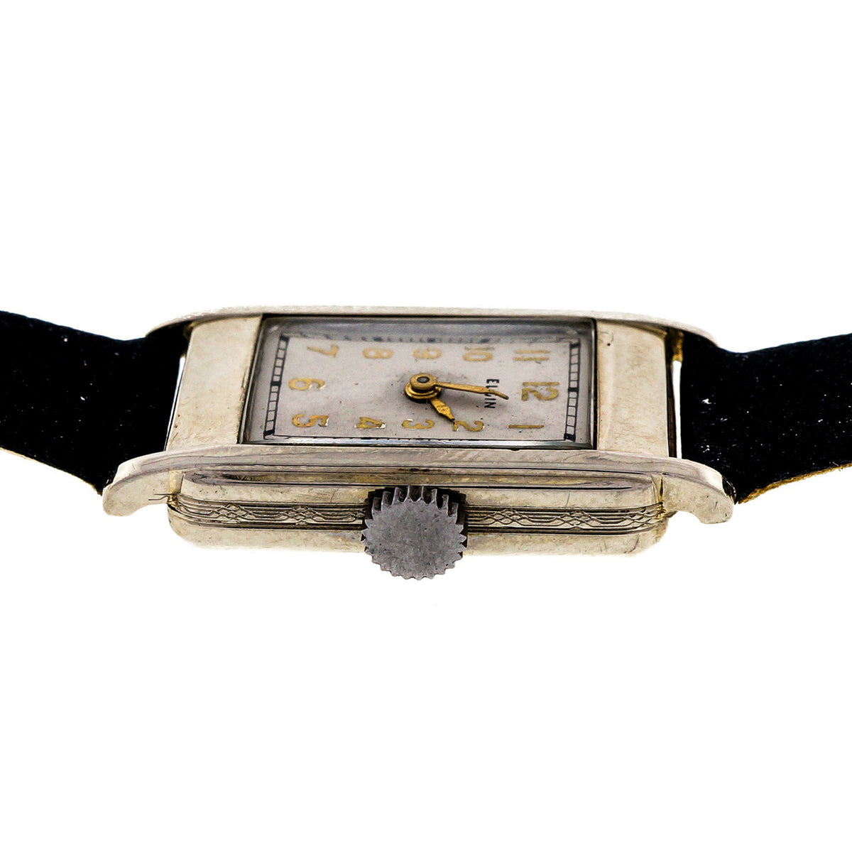 Art Deco 1932 Vintage Elgin 14k White Gold Black Satin Strap Watch – image 4