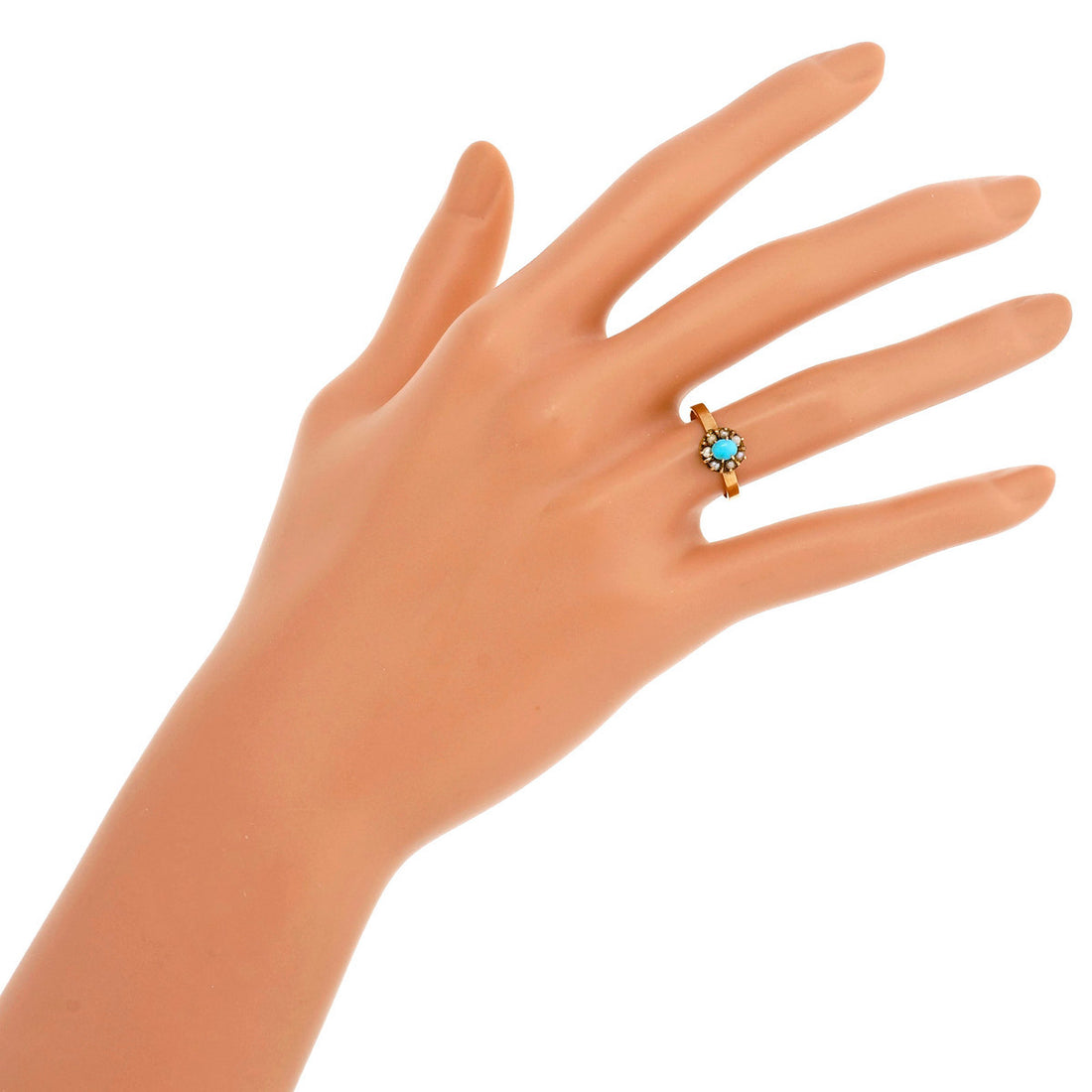 Antique Victorian Ring 1880 Persian Turquoise Natural Pearl 14k Pink Gold – image 10