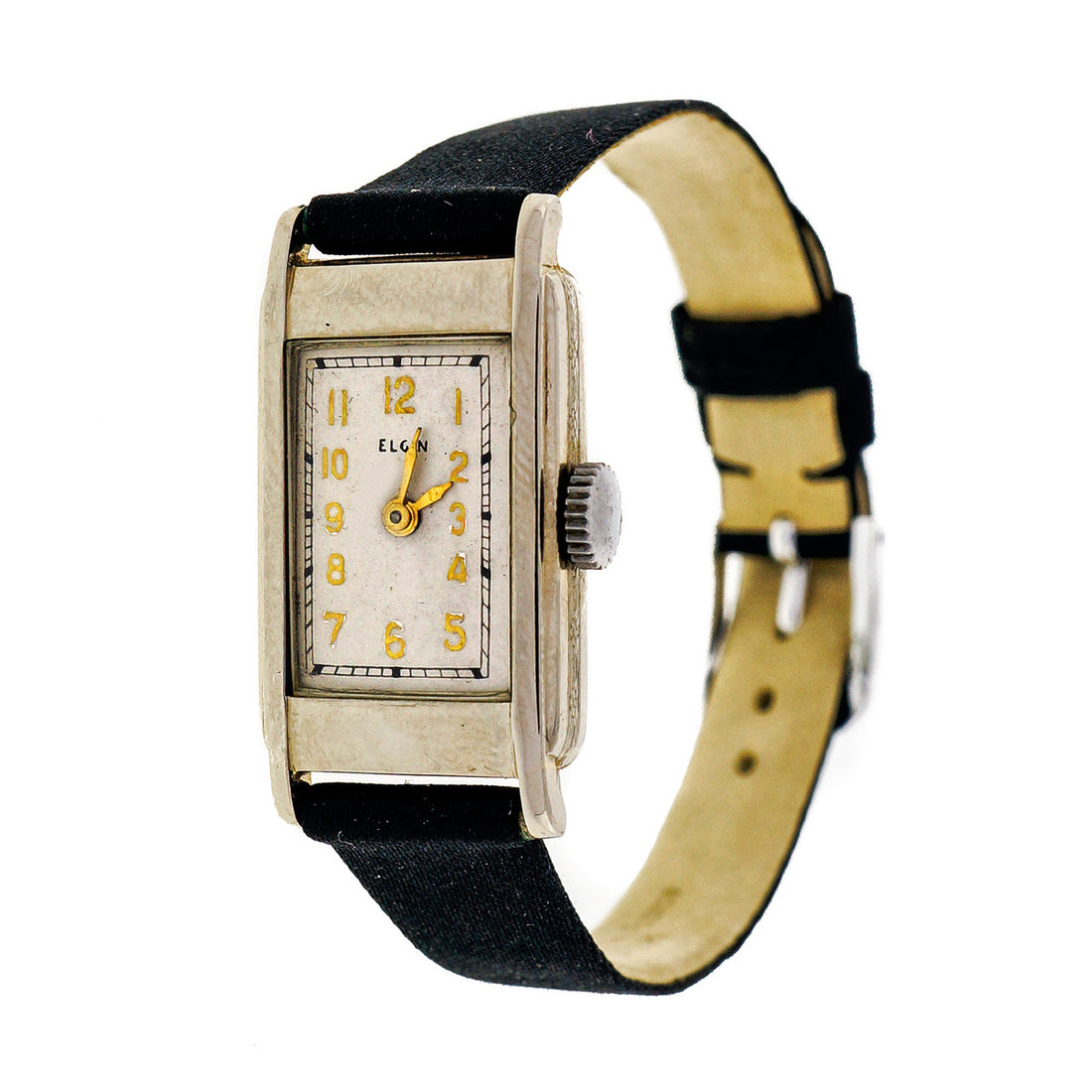 Art Deco 1932 Vintage Elgin 14k White Gold Black Satin Strap Watch – image 6