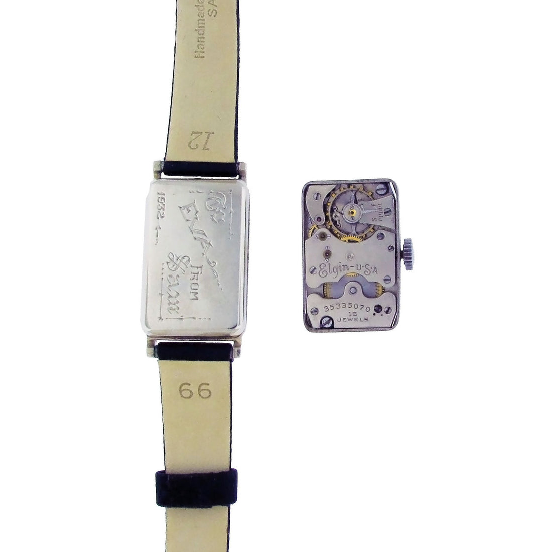 Art Deco 1932 Vintage Elgin 14k White Gold Black Satin Strap Watch – image 12