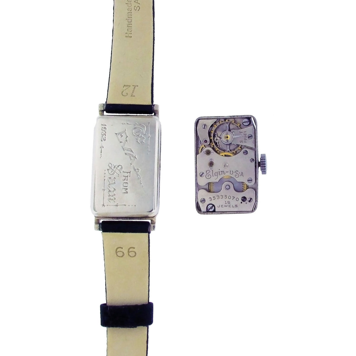 Art Deco 1932 Vintage Elgin 14k White Gold Black Satin Strap Watch – image 12