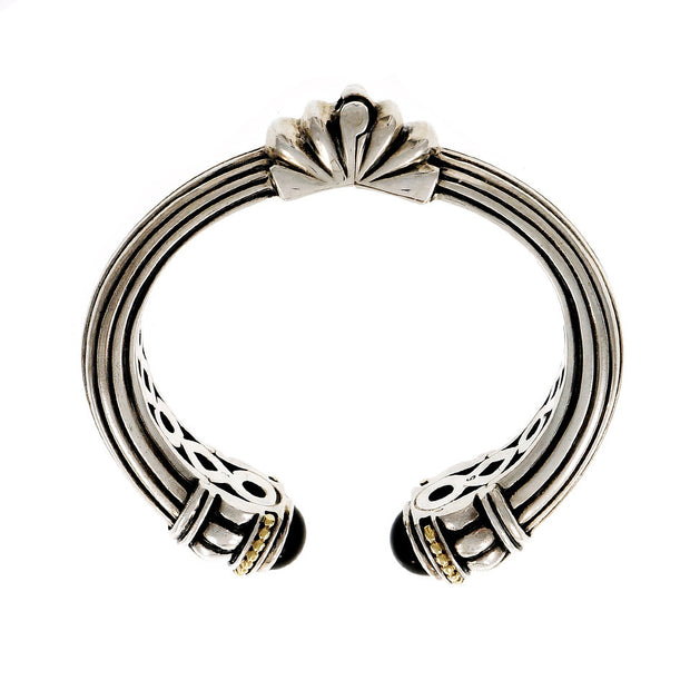 Estate Lagos Caviar Onyx Cuff Bracelet Silver 18k Yellow Gold